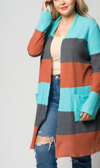 1X Aqua Colorblock Hacci Waffle Knit Cardigan - Picture 4 of 4